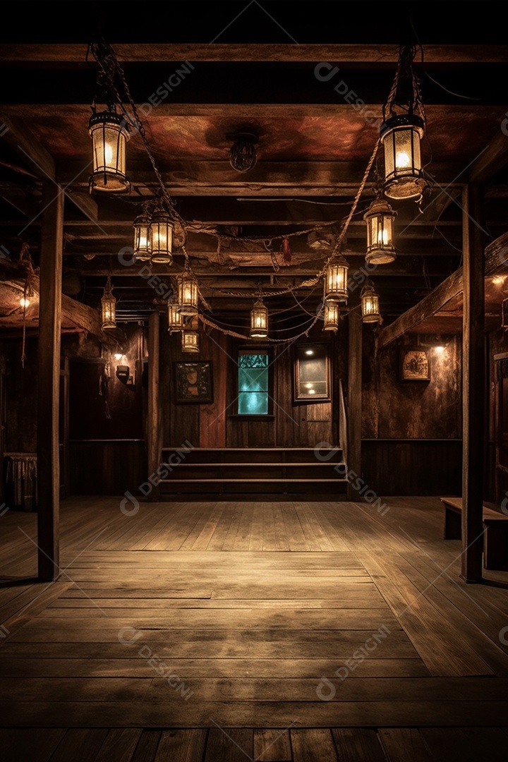 Cenário galpão de madeira iluminado