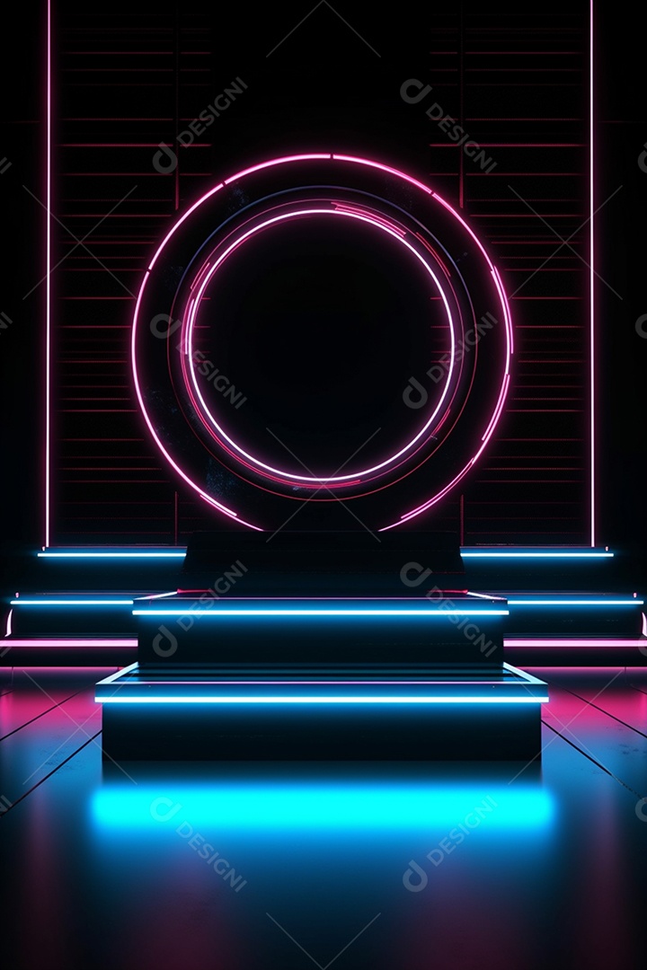 Pódio escuro futurista com luz e fundo neon