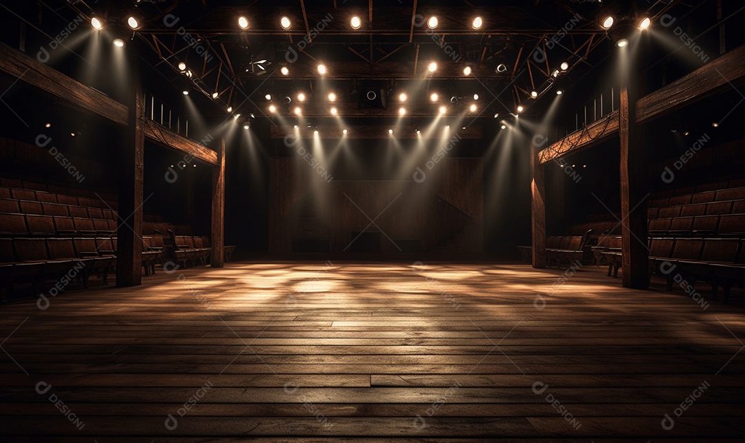 Cenário de madeira com luzes ao fundo