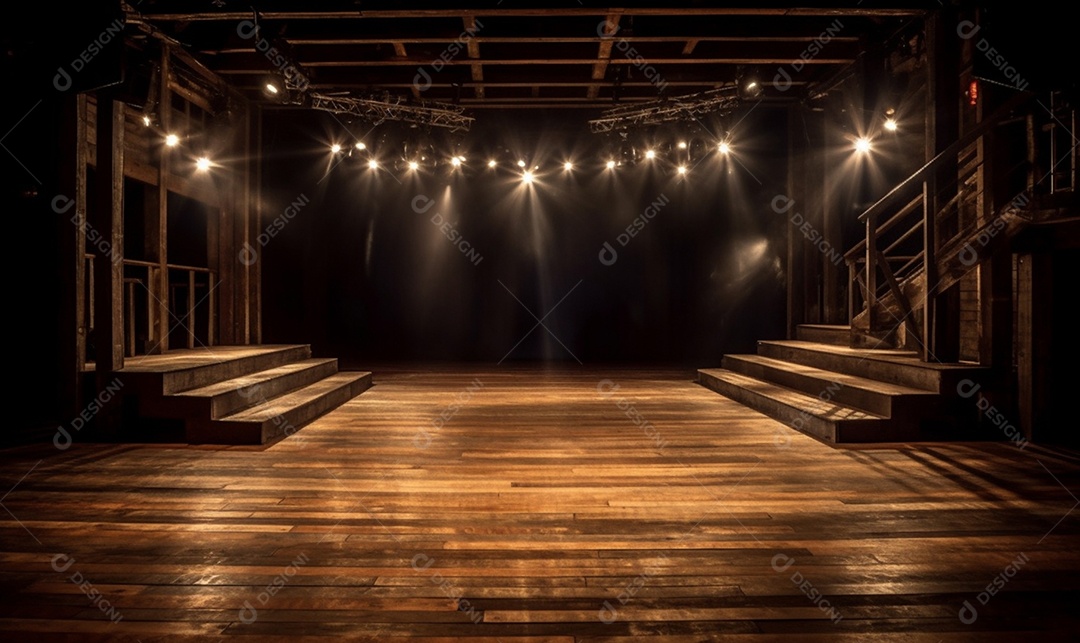 Cenário de madeira com luzes ao fundo