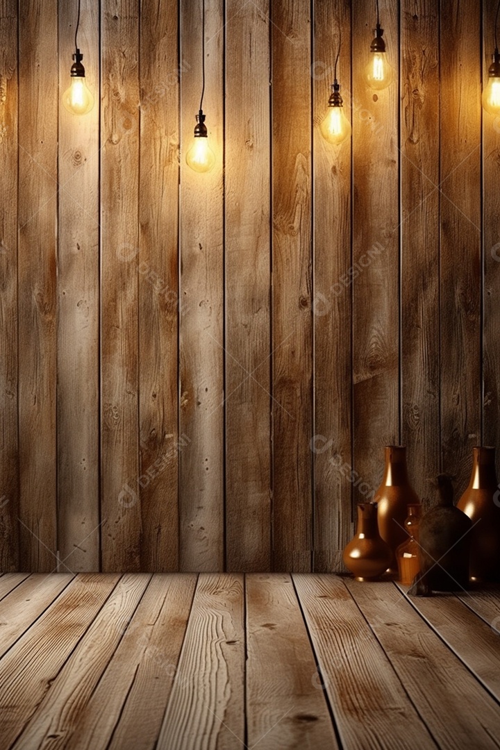 Cenário de madeira com luzes ao fundo