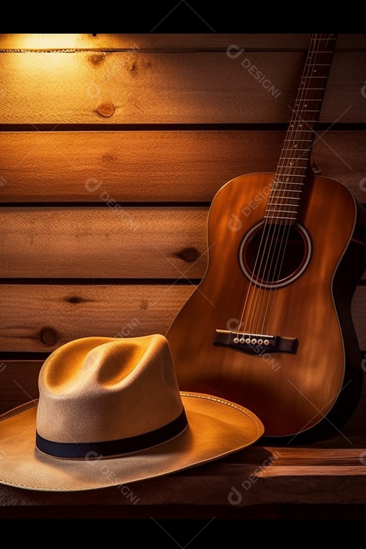 Chapéu e violão em fundo de madeira