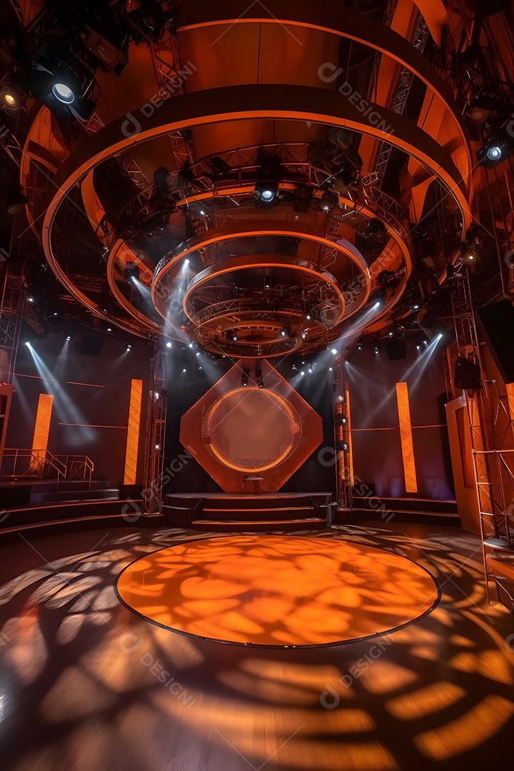 Cenário de um palco de madeira com iluminação