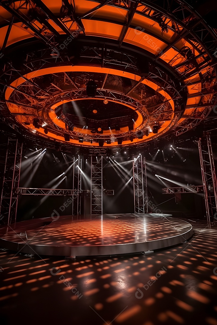 Cenário de um palco de madeira com iluminação