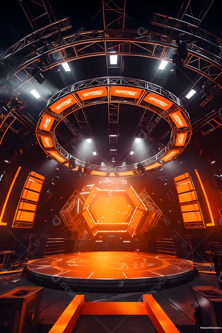 Cenário de um palco de madeira com iluminação