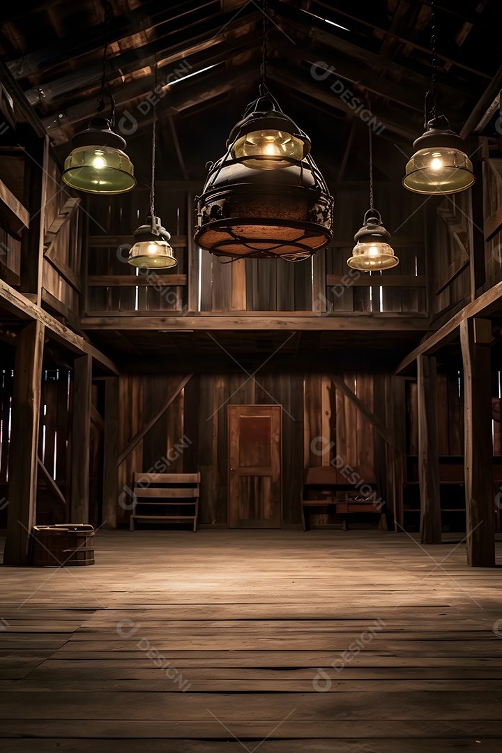 Cenário de madeira com luminárias