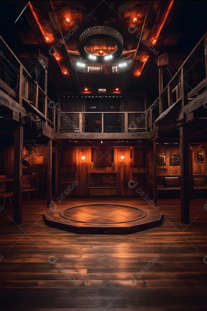 Cenário de madeira com luminárias