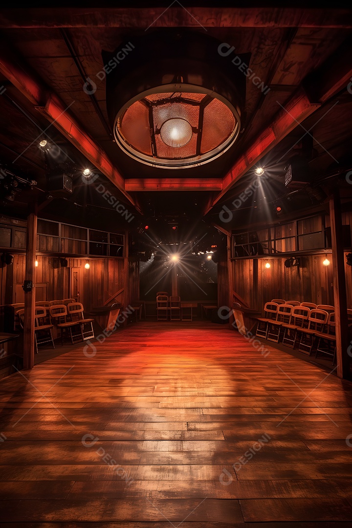 Cenário de madeira com luminárias