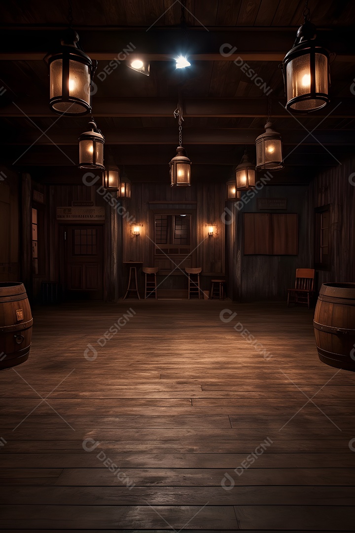 Cenário de madeira com luminárias