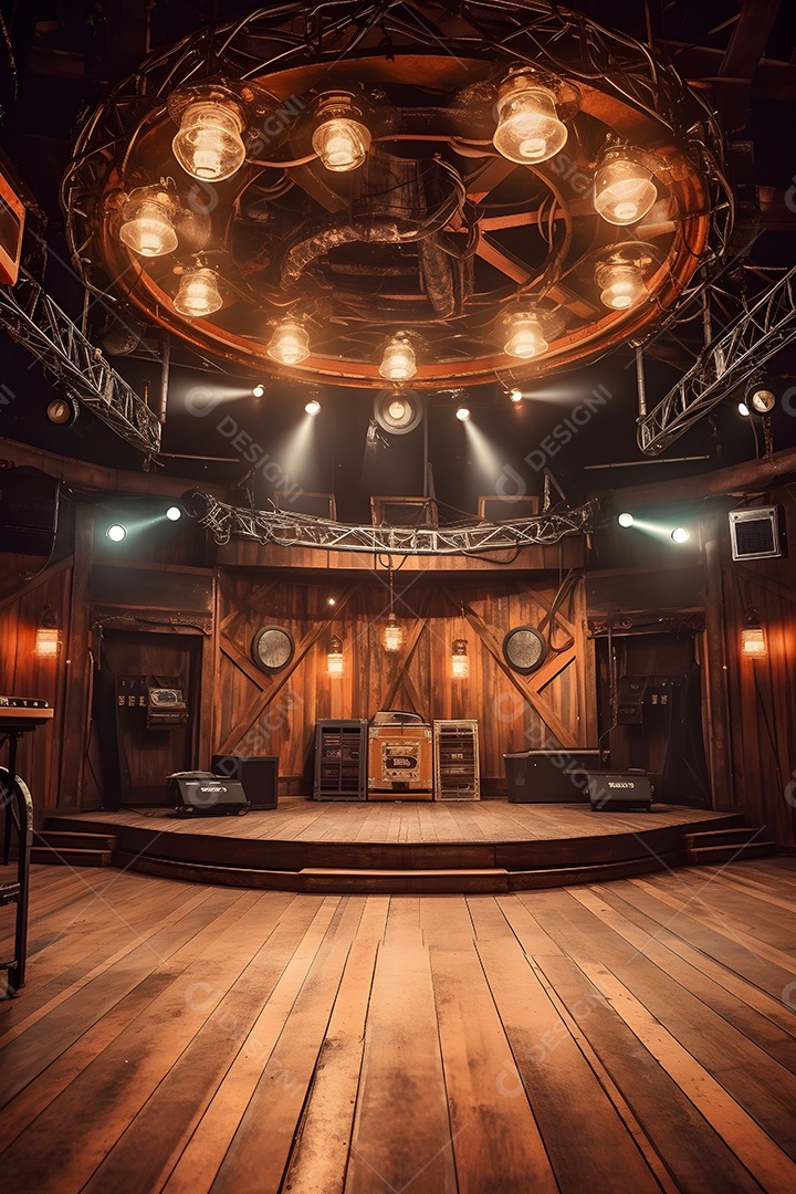 Cenário de madeira com luminárias