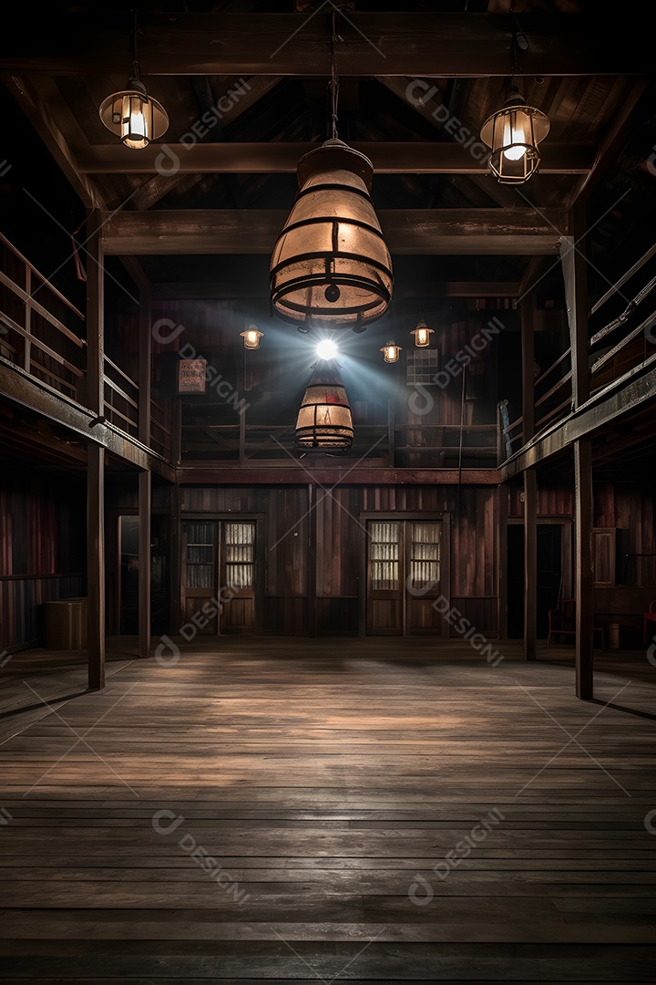 Cenário de madeira com luminárias