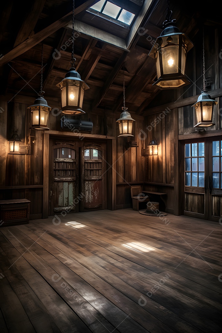 Cenário de madeira com luminárias