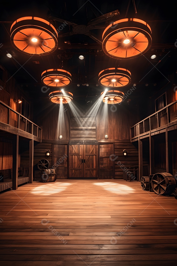 Cenário galpão de madeira com iluminação
