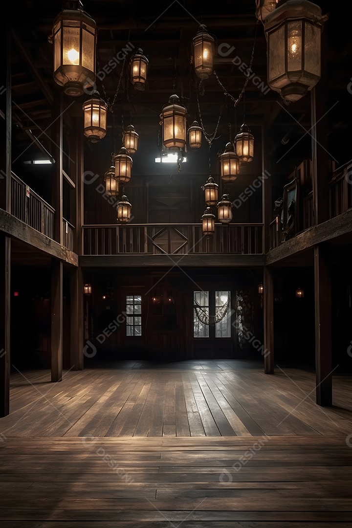 Cenário galpão de madeira com iluminação