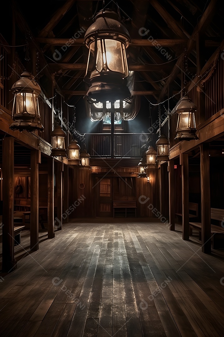 Cenário galpão de madeira com iluminação