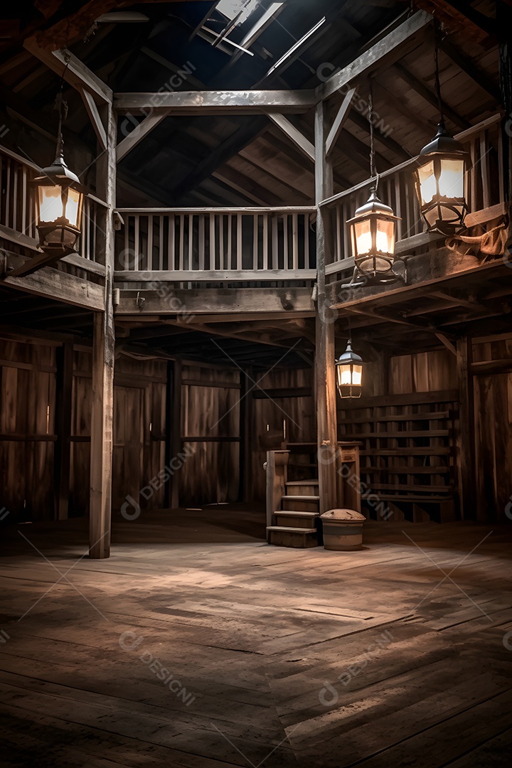 Cenário galpão de madeira com iluminação