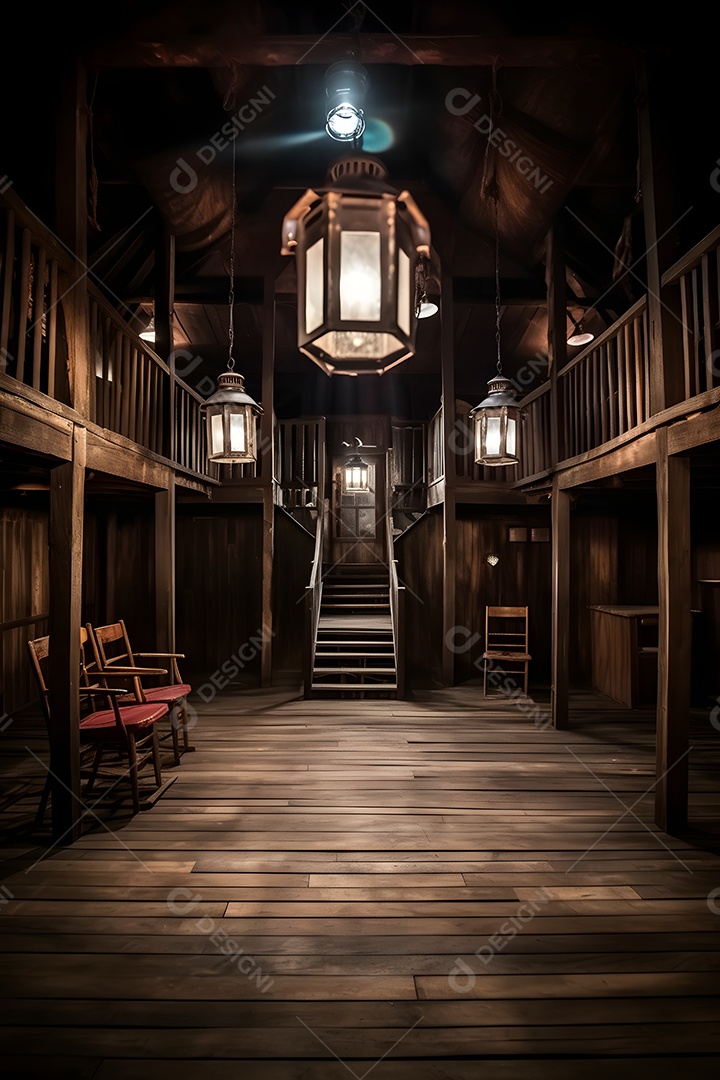 Cenário galpão de madeira iluminado