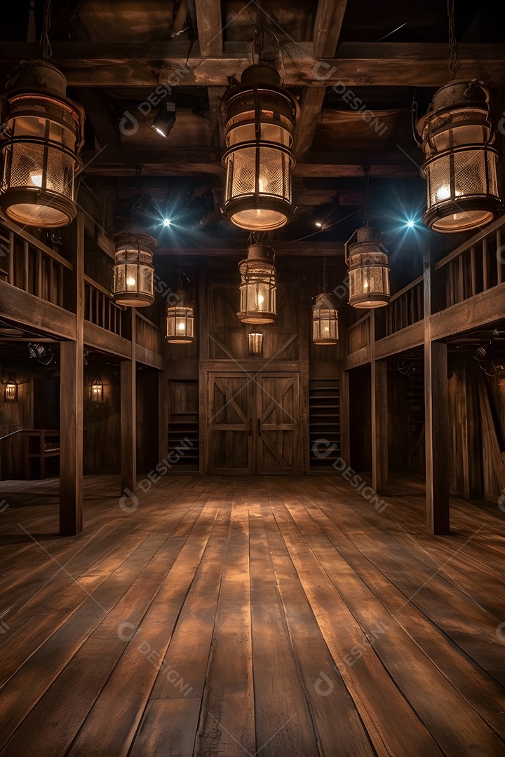 Cenário galpão de madeira iluminado