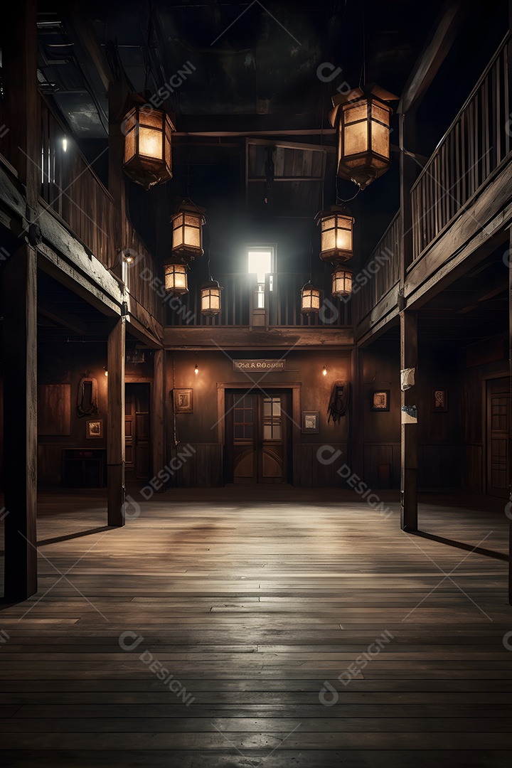 Cenário galpão de madeira iluminado