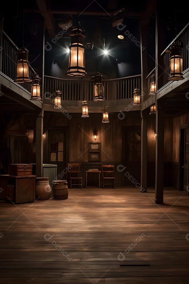 Cenário galpão de madeira iluminado