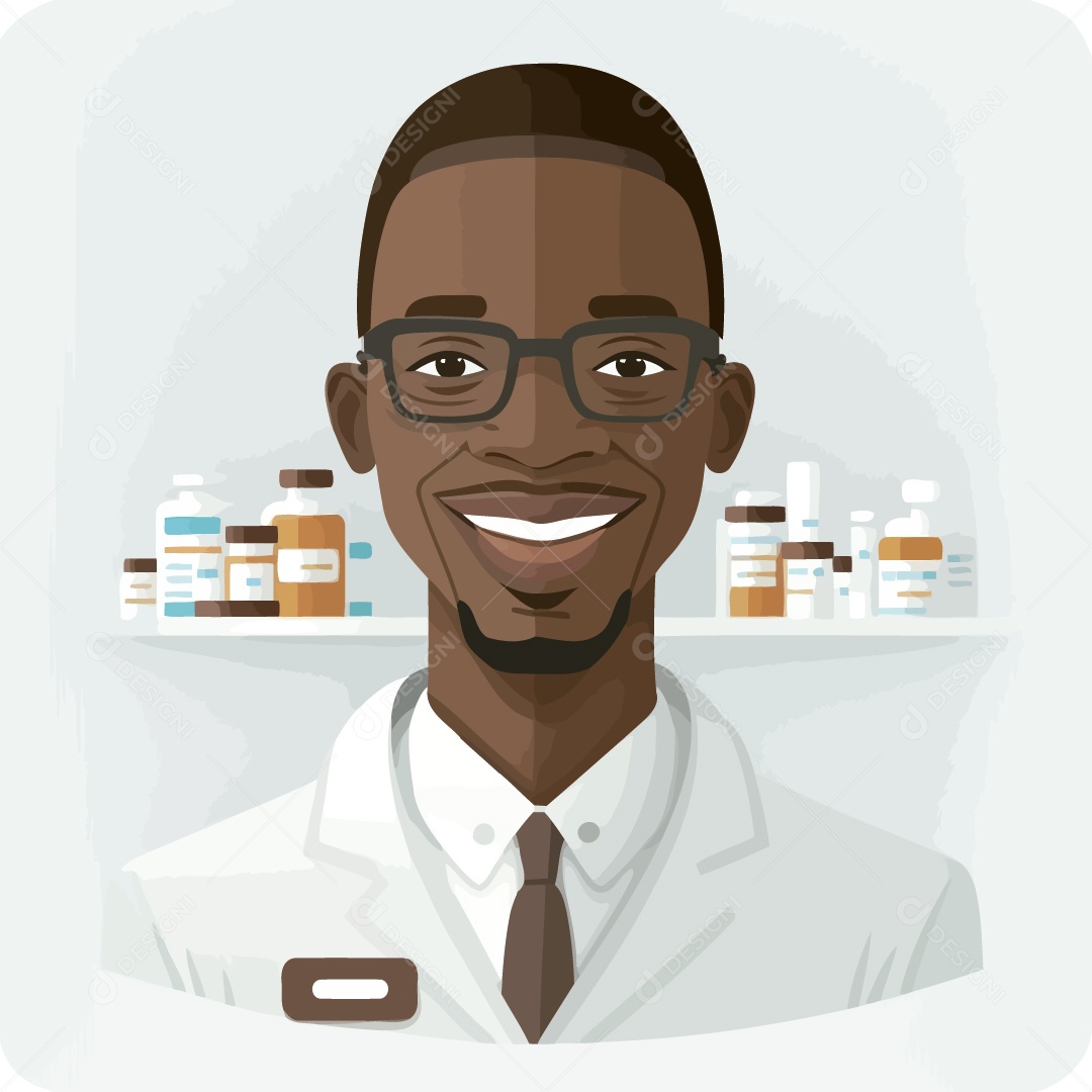 Homem Negro Adulto Feliz Trabalhando Como Farmacêutico Desenho Vetor EPS
