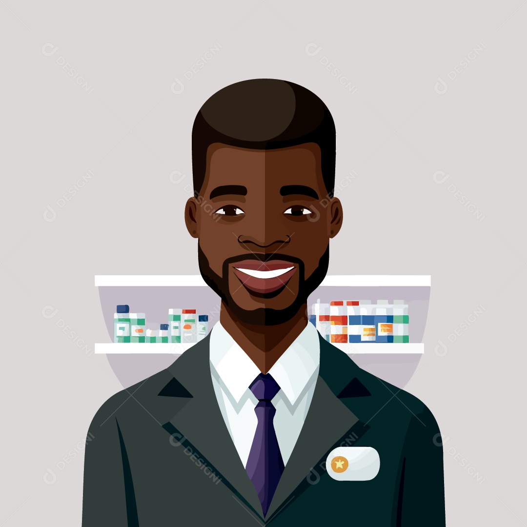 Homem Negro Adulto Feliz Trabalhando Como Farmacêutico Desenho Vetor EPS