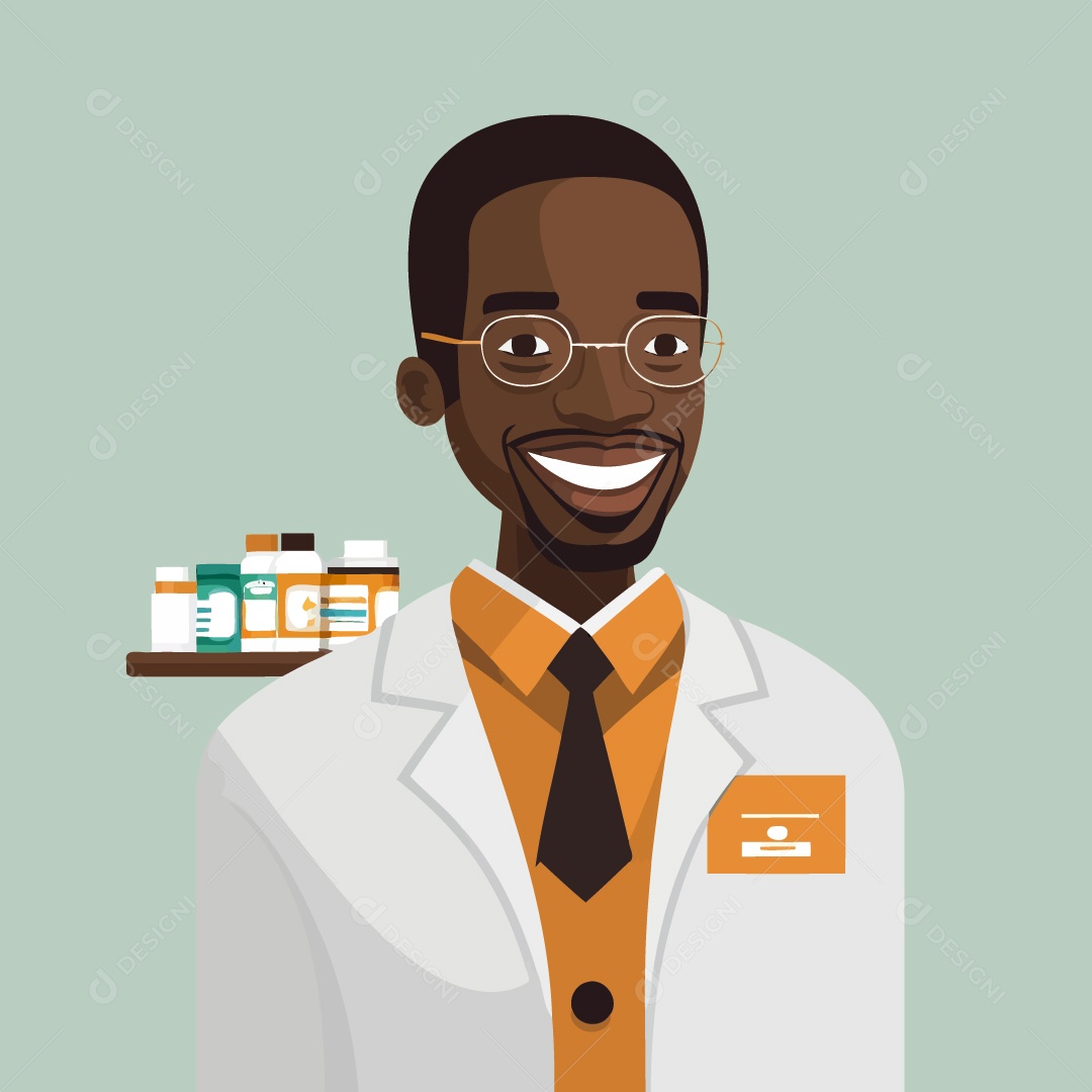 Homem Negro Adulto Feliz Trabalhando Como Farmacêutico Desenho Vetor EPS