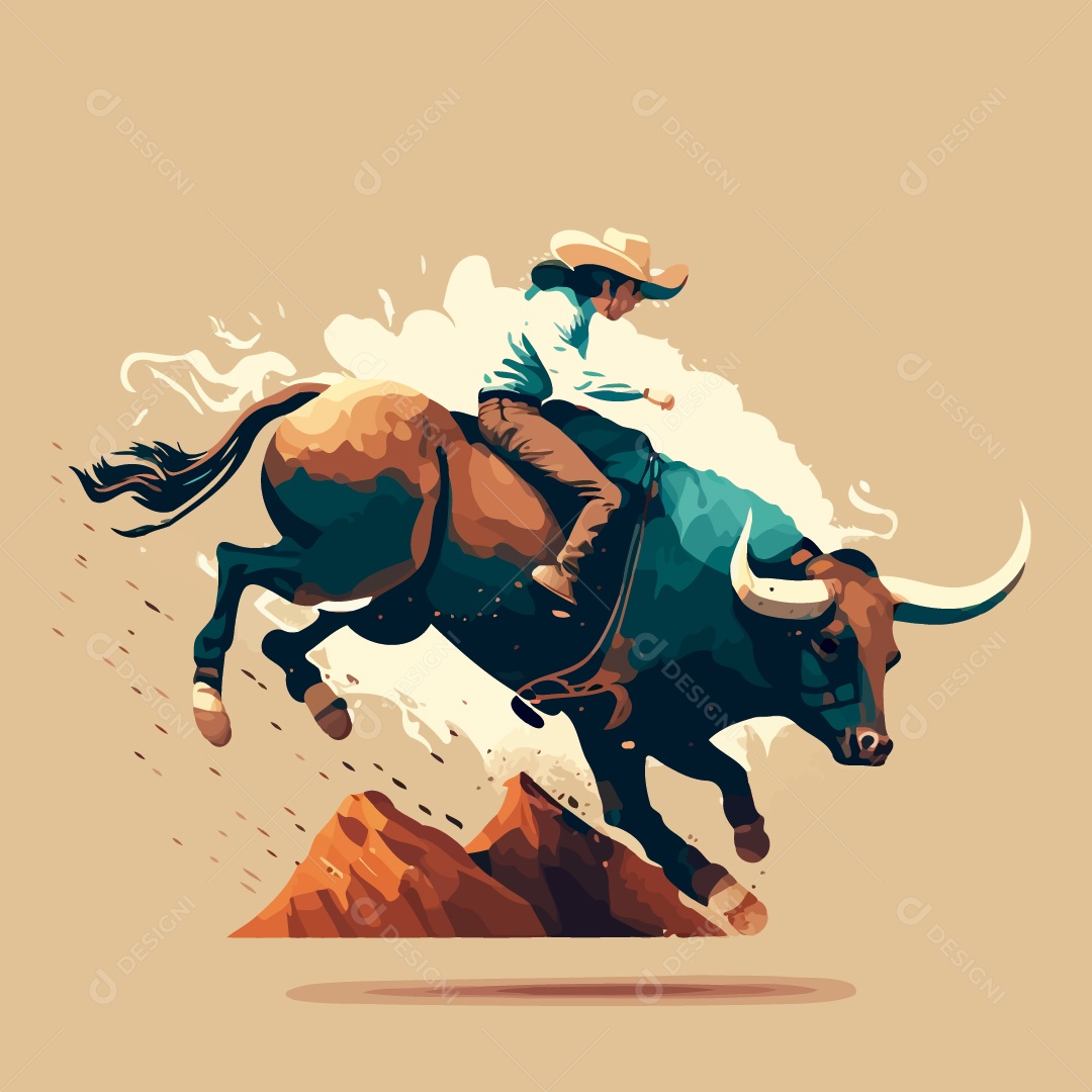 Desenho De Vaqueiro Em Touro Rodeio Vetor EPS