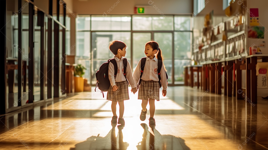 Crianças caminhando sobre um corredor de escola