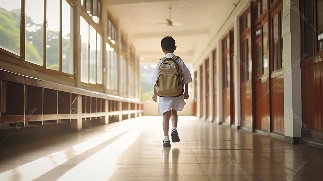 Um garoto caminhando em um corredor de escola
