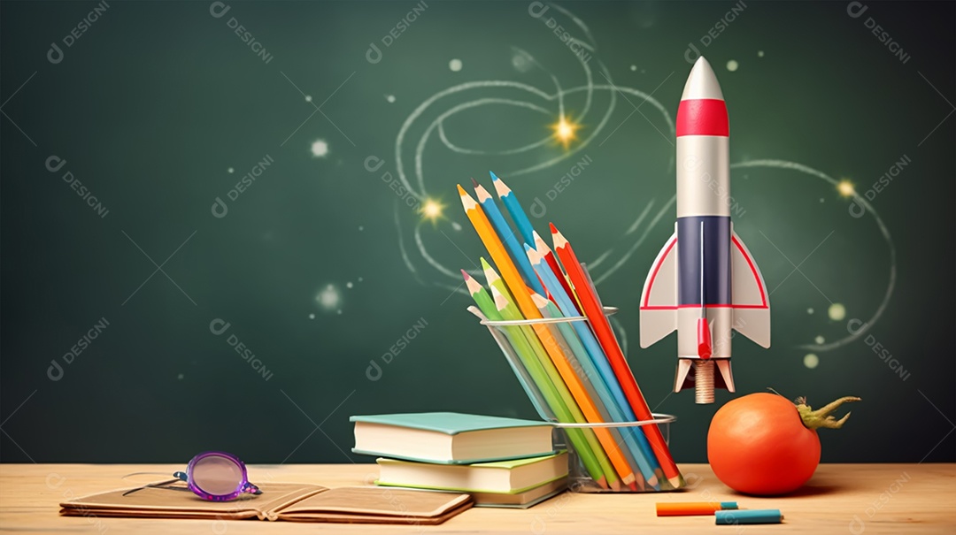 Material escolar sobre uma mesa de madeira