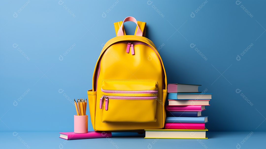 Material escolar sobre fundo isolado azul