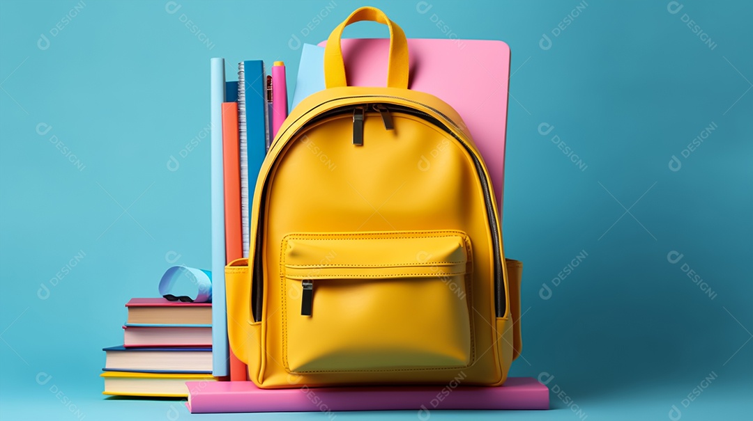 Material escolar sobre um fundo isolado azul