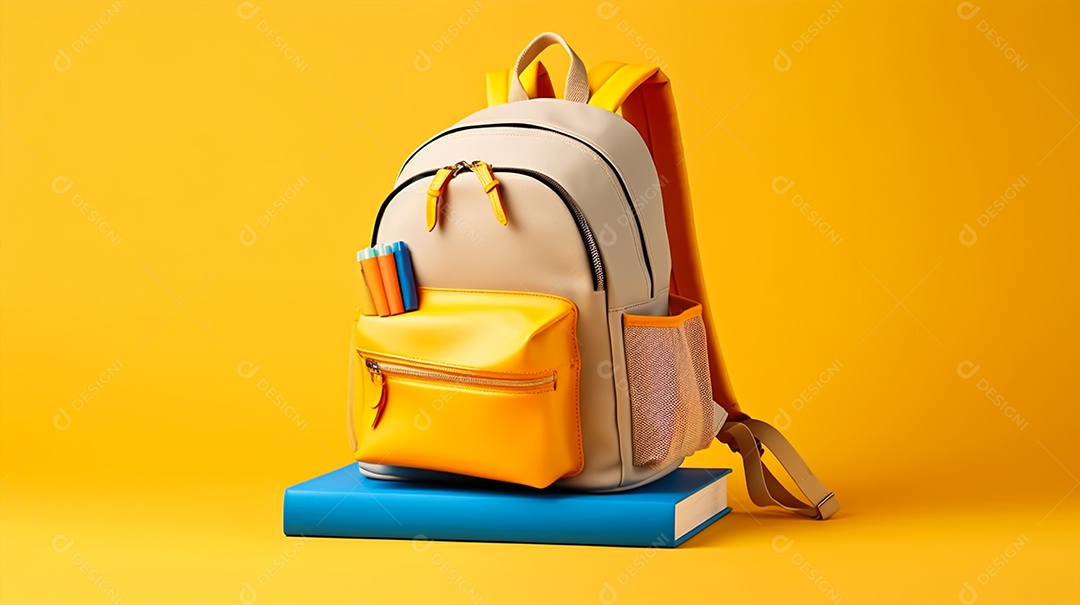 Material escolar sobre um fundo amarelo isolado