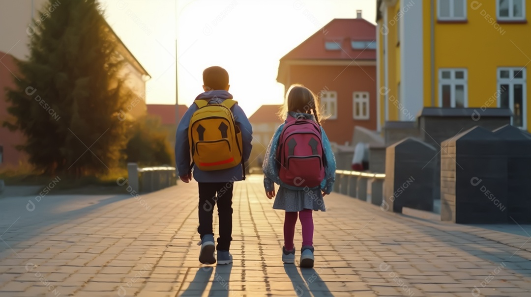 Crianças a caminho da escola em uma rua deserta