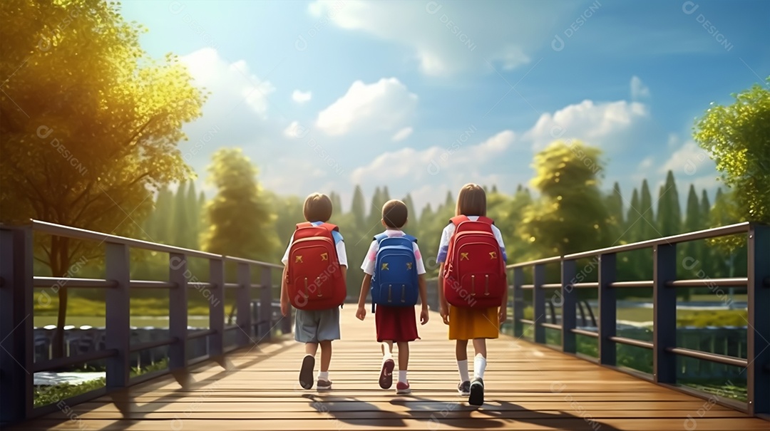 Foto de crianças com mochilas nas costas