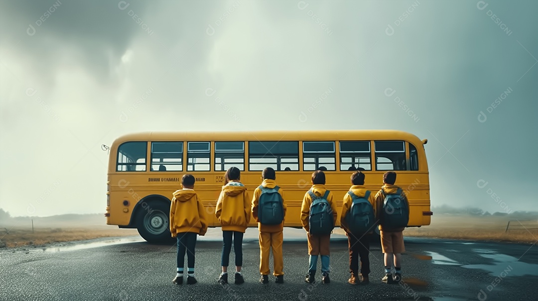 Estudantes sobre uma rua deserta