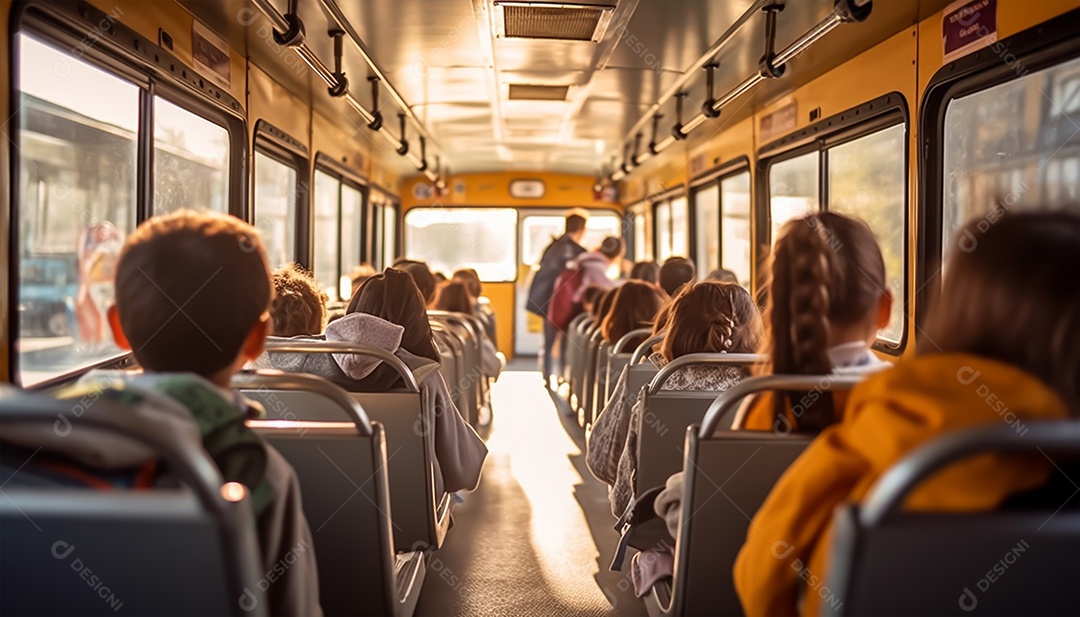 Crianças sobre um ônibus de escola