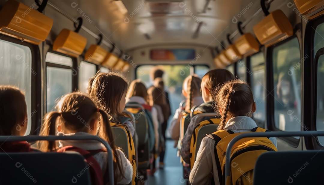 Crianças sobre um ônibus de escola