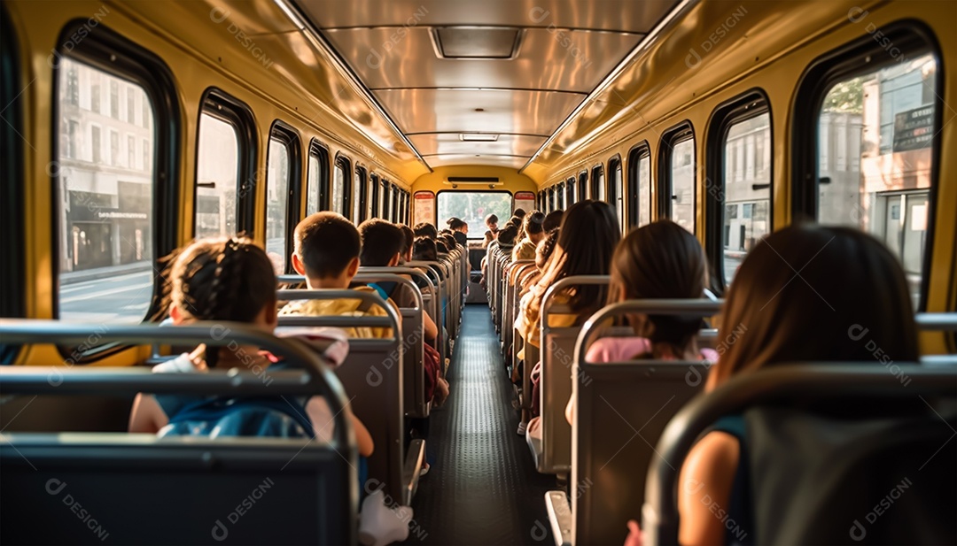 Crianças sobre um ônibus de escola