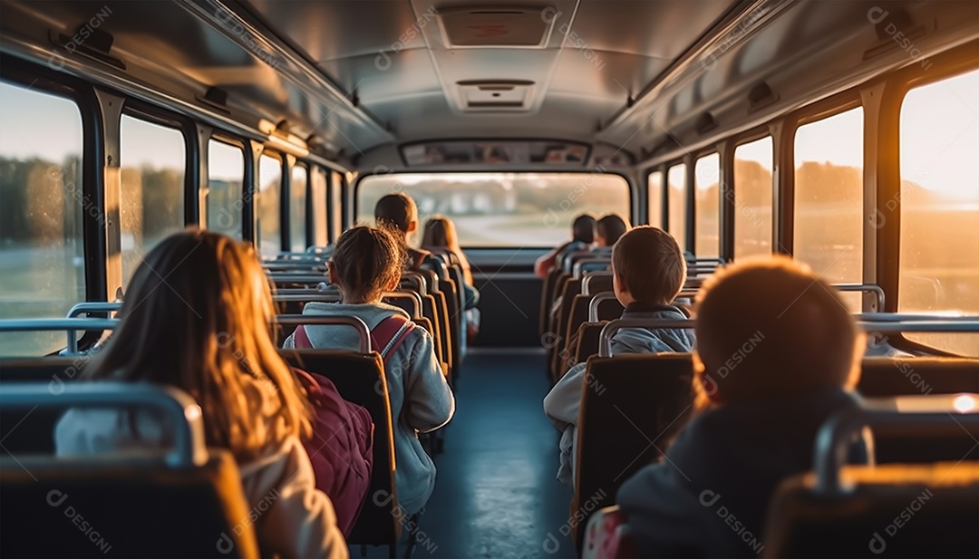 Crianças a caminho da escola em um ônibus