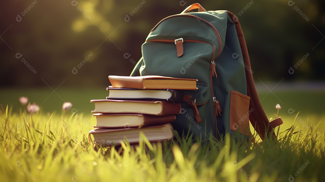 Material escolar sobre uma grama verde