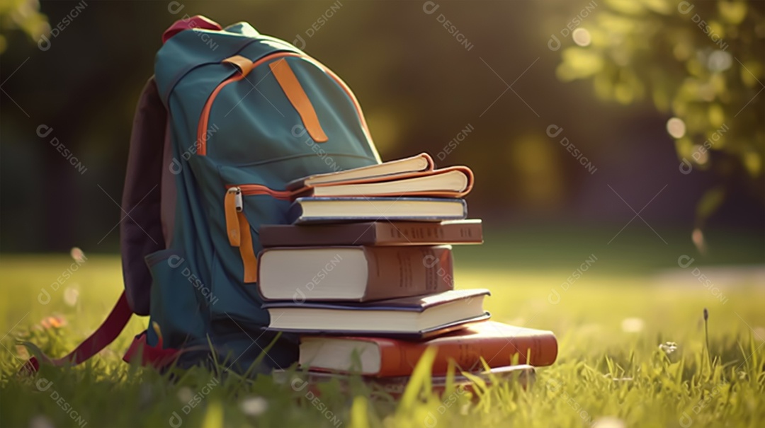 Material escolar sobre uma grama verde