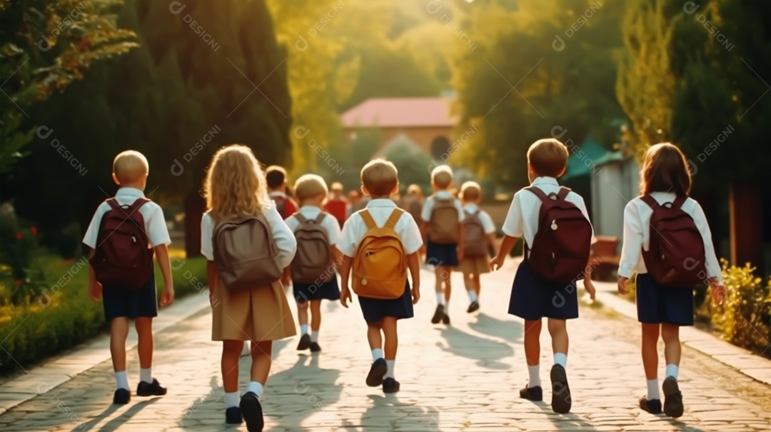 Pequenos estudantes a caminho da escola