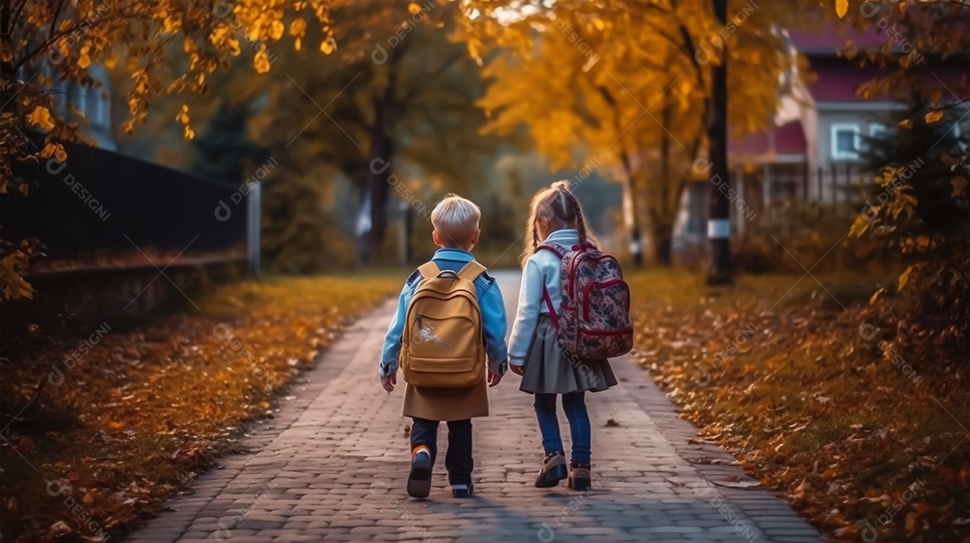 Pequenas crianças caminhando com mochilas nas costas