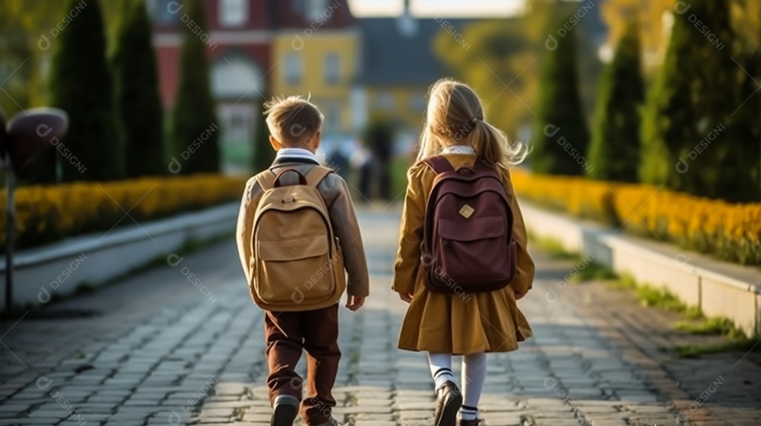 Pequenas crianças com mochila nas costas
