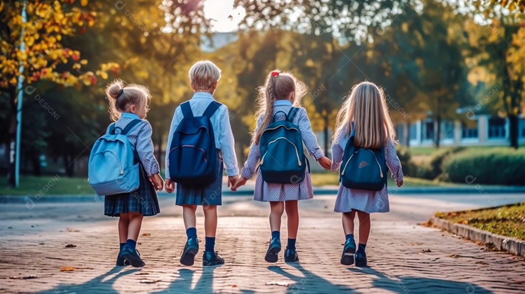 Pequenas crianças caminhando a caminho da escola