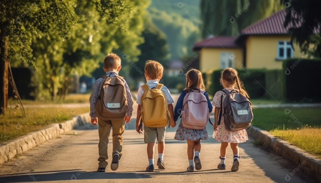 Crianças uniformizadas a caminho da escola