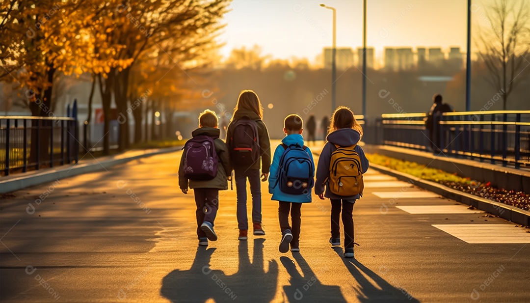 Crianças uniformizadas a caminho da escola