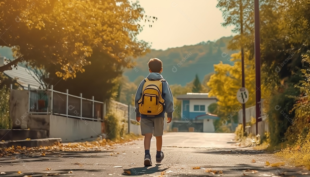 Um pequeno garoto a caminho da escola